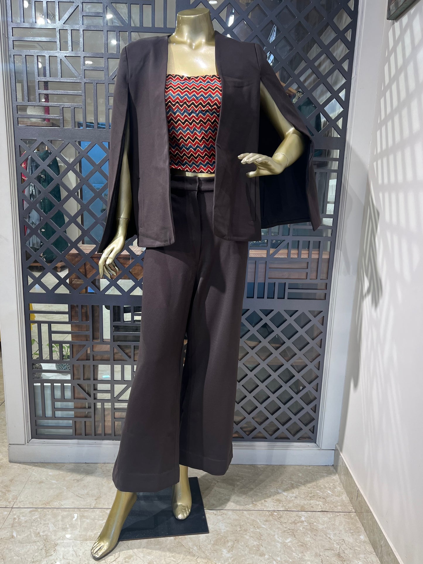Brown Pant Suit Set with Ajrakh Print Crop Top