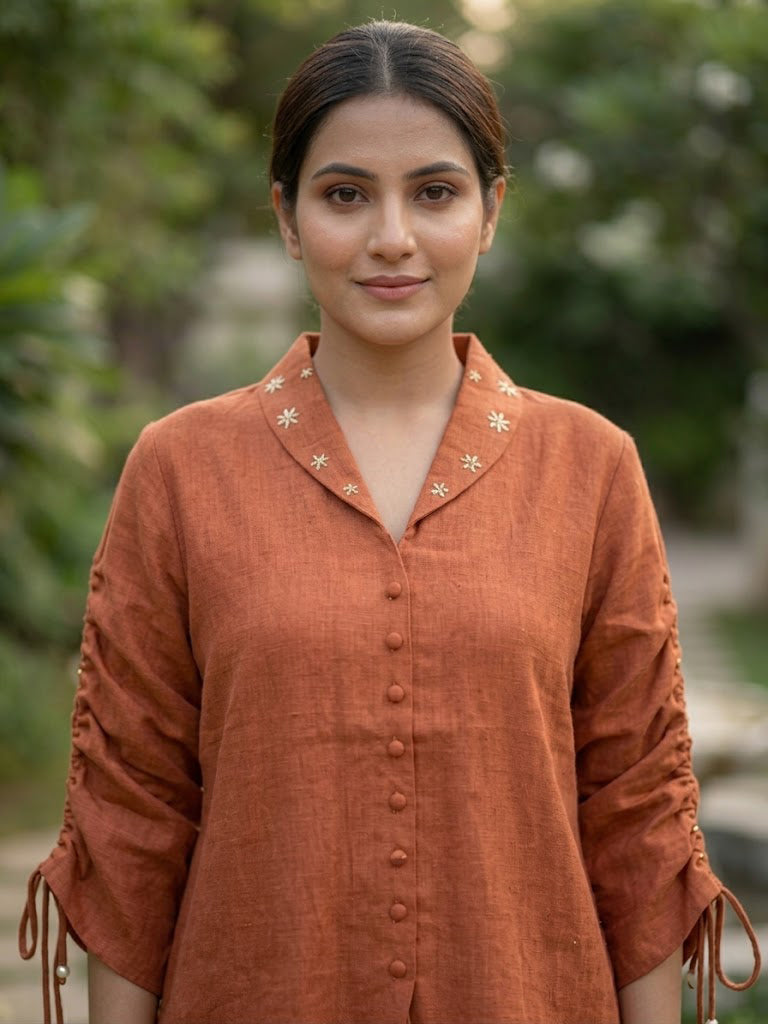 Rust Linen Embroidered Co-ord Set