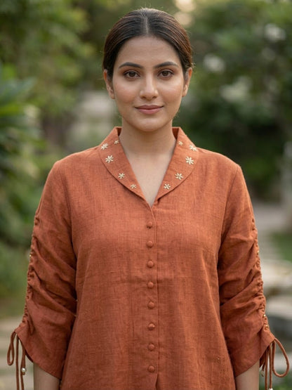 Rust Linen Embroidered Co-ord Set