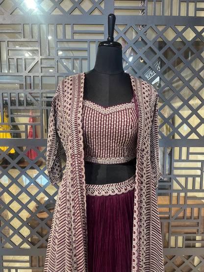 Wine Skirt and Embroidered Jacket Set