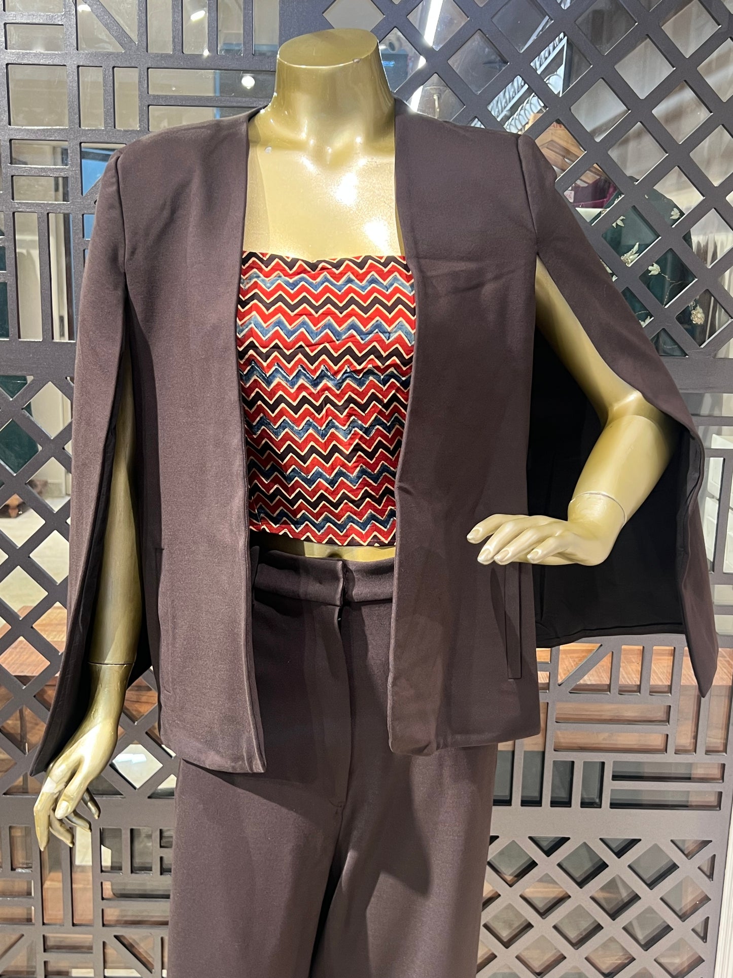 Brown Pant Suit Set with Ajrakh Print Crop Top