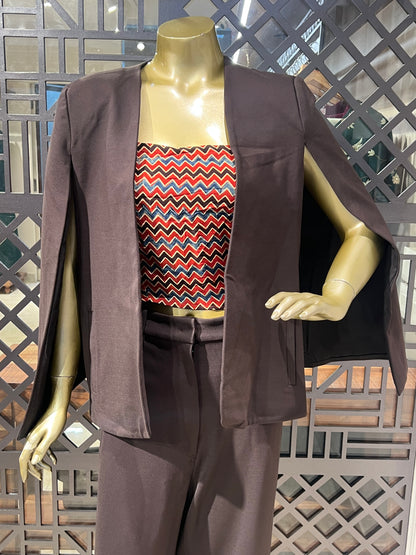 Brown Pant Suit Set with Ajrakh Print Crop Top