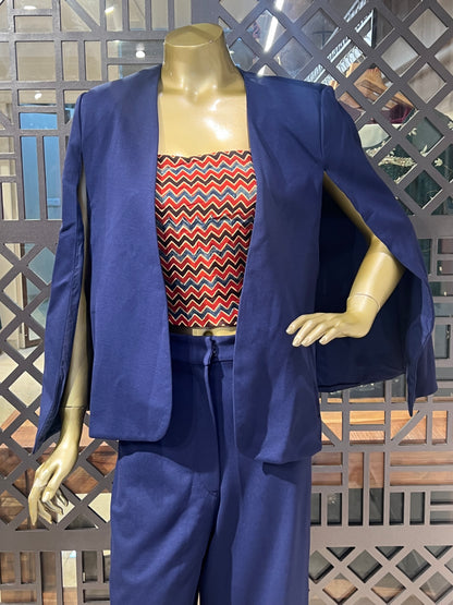 Blue Pant Suit Set with Ajrakh Print Crop Top