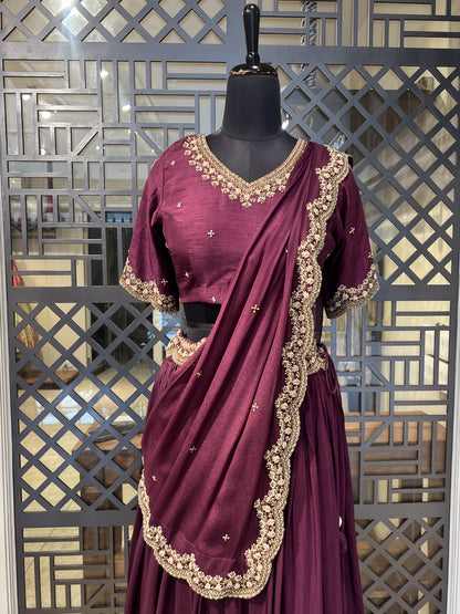 Wine Embellished Work Lehanga