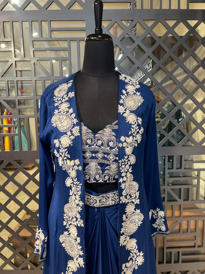 Ink Blue Pleated Skirt with Hand Work Crop Top and Jacket