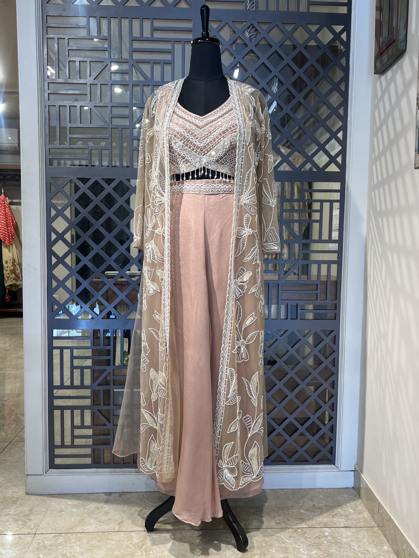Peach Indo Western Embellished with Pearl and Sequence Work