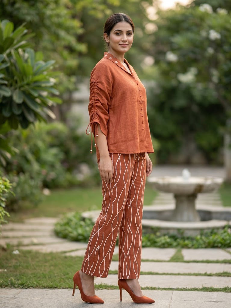 Rust Linen Embroidered Co-ord Set