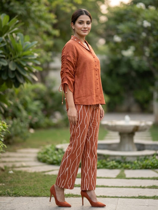 Rust Linen Embroidered Co-ord Set