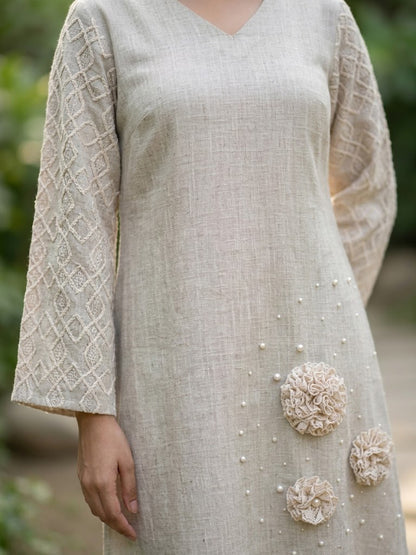 Beige Linen Dress with Applique Work