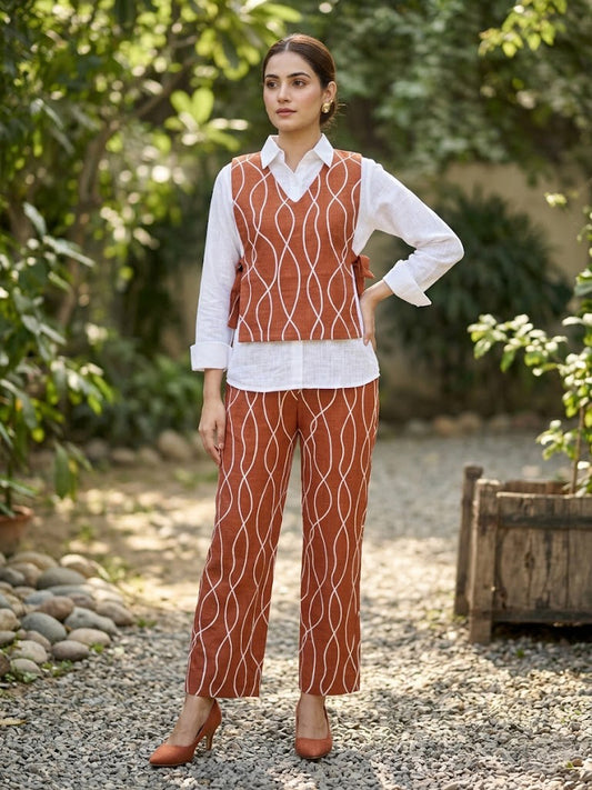 Rust Linen Embroidred Co-ord Set with Vest
