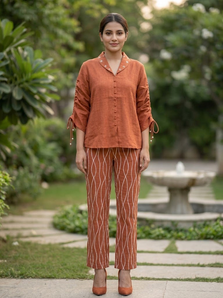 Rust Linen Embroidered Co-ord Set