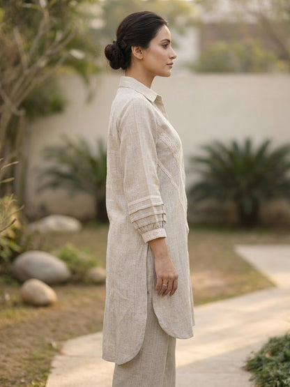 Beige Linen Crotchet Work Co-ord Set