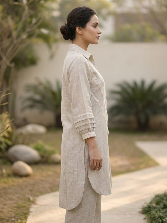 Beige Linen Crotchet Work Co-ord Set