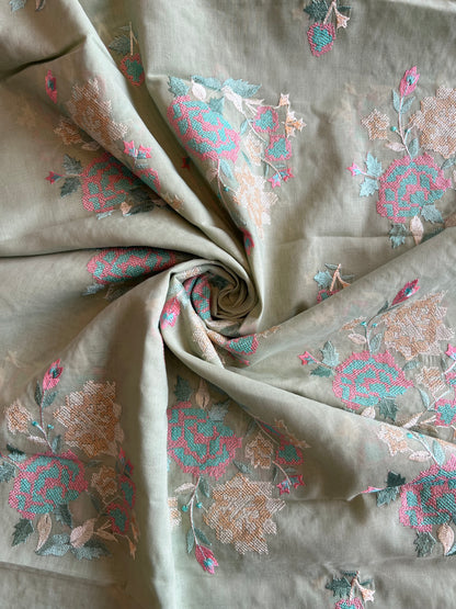 Olive Green Cross Stitch Floral Embroidered Cotton Voile Fabric