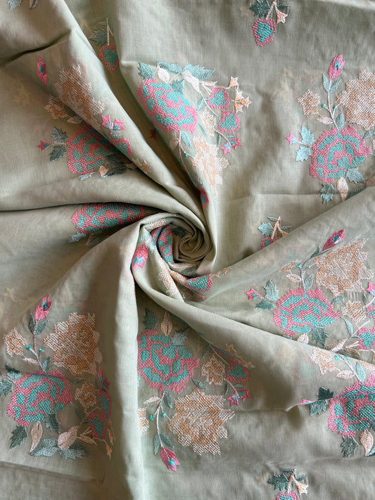 Olive Green Cross Stitch Floral Embroidered Cotton Voile Fabric