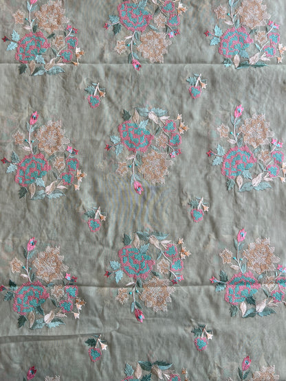 Olive Green Cross Stitch Floral Embroidered Cotton Voile Fabric