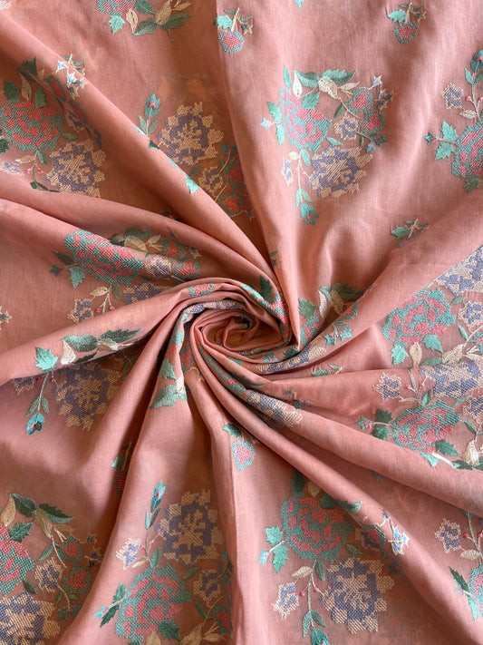 Peach Cross Stitch Floral Embroidered Cotton Voile Fabric