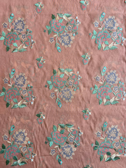 Peach Cross Stitch Floral Embroidered Cotton Voile Fabric