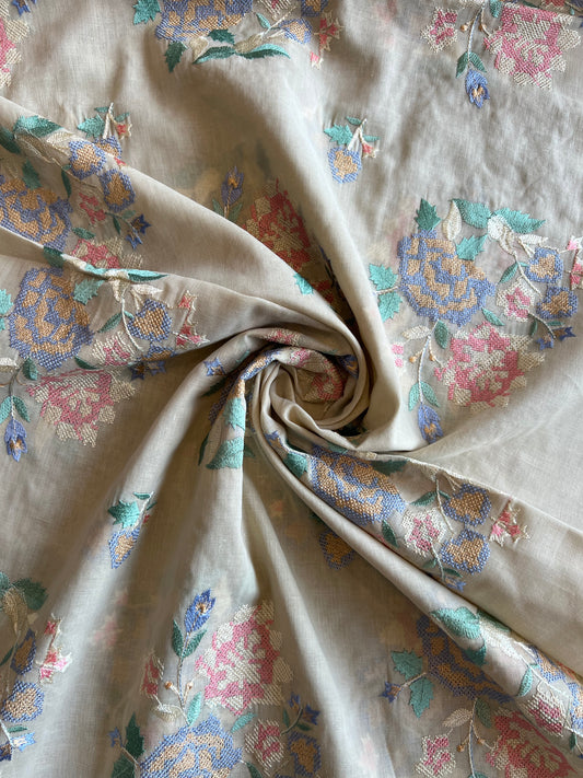 Skin Colour Cross Stitch Floral Embroidered Cotton Voile Fabric