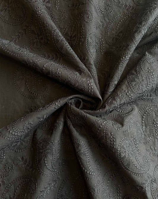 Black Paisley Embroidered Cotton Fabric