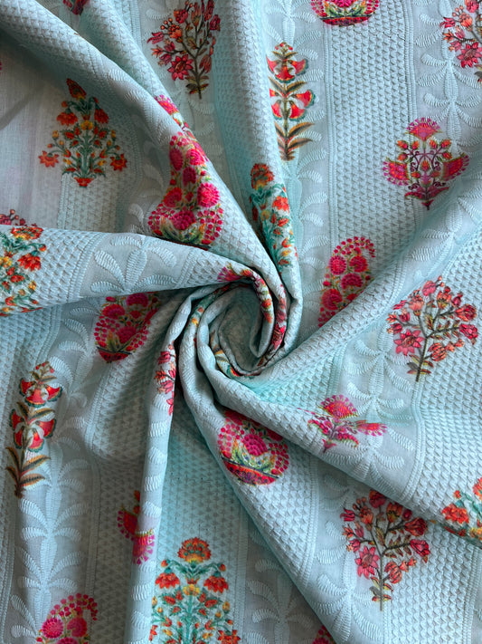 Aqua Blue Cotton Embroidery with Jaipuri Printed Fabric