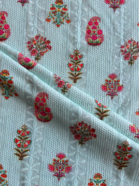 Aqua Blue Cotton Embroidery with Jaipuri Printed Fabric