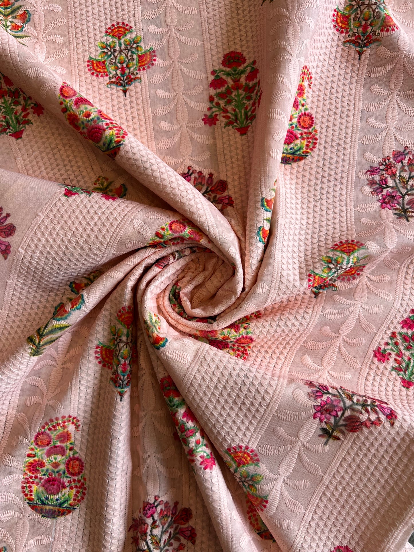 Peach Cotton Embroidery with Jaipuri Printed Fabric