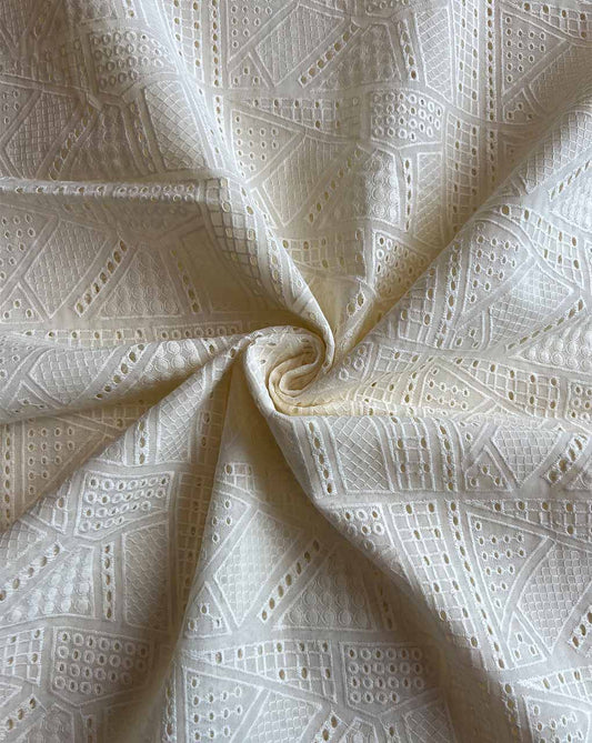 Cream Geometrical Embroidered Cotton Fabric