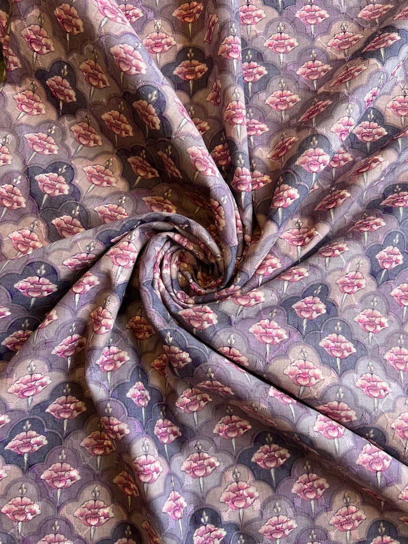 Purple Embroidery with Mughal Buti Print Cotton Fabric