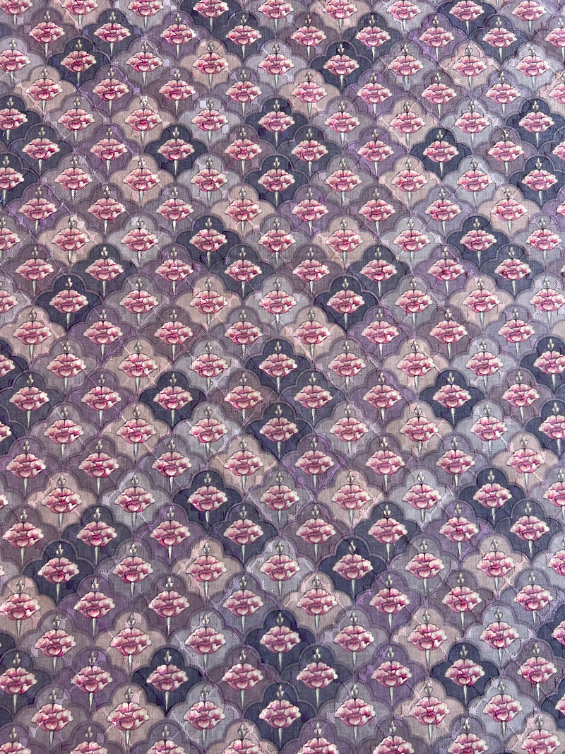 Purple Embroidery with Mughal Buti Print Cotton Fabric