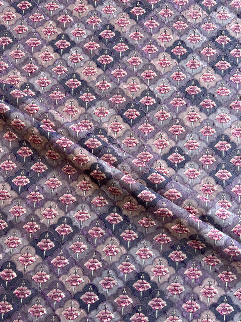 Purple Embroidery with Mughal Buti Print Cotton Fabric