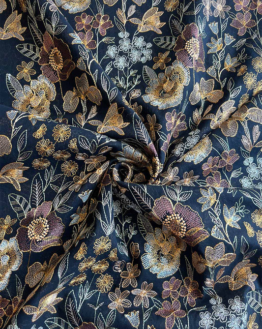 Black 2 by 2 Rubia Fabirc with Multi Colour Embroidery