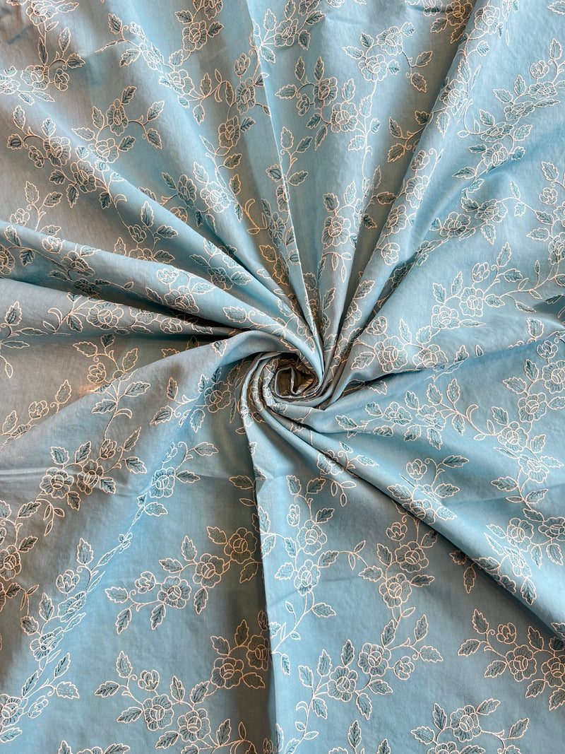 Teal Blue Floral Embroidered Cotton Voile Fabric