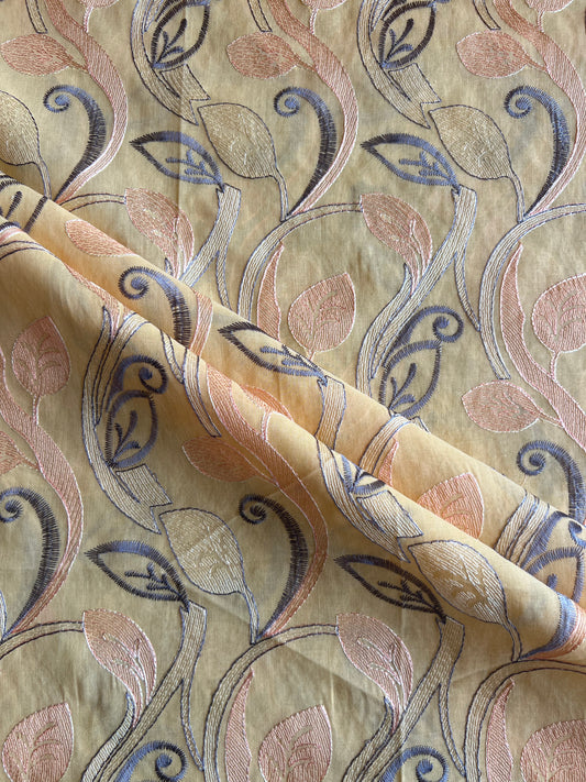 Yellow Cotton Voile Leaf Embroidered Fabric