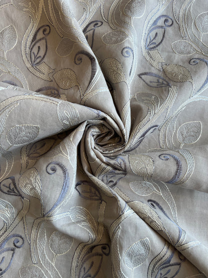 Grey Cotton Voile Leaf Embroidered Fabric