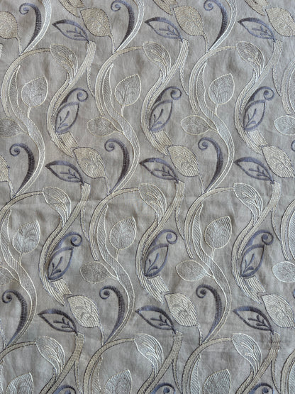 Grey Cotton Voile Leaf Embroidered Fabric