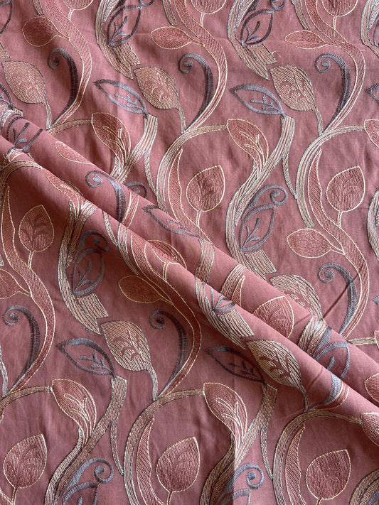 Wine Cotton Voile Leaf Embroidered Fabric