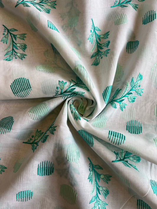Teal Blue Floral Embroidered Cotton Voile Fabric