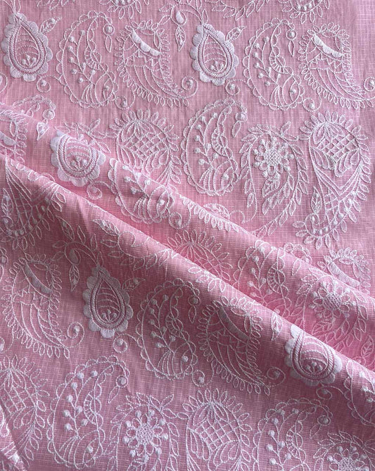 Baby Pink Kota Doriya Embroidered Fabric