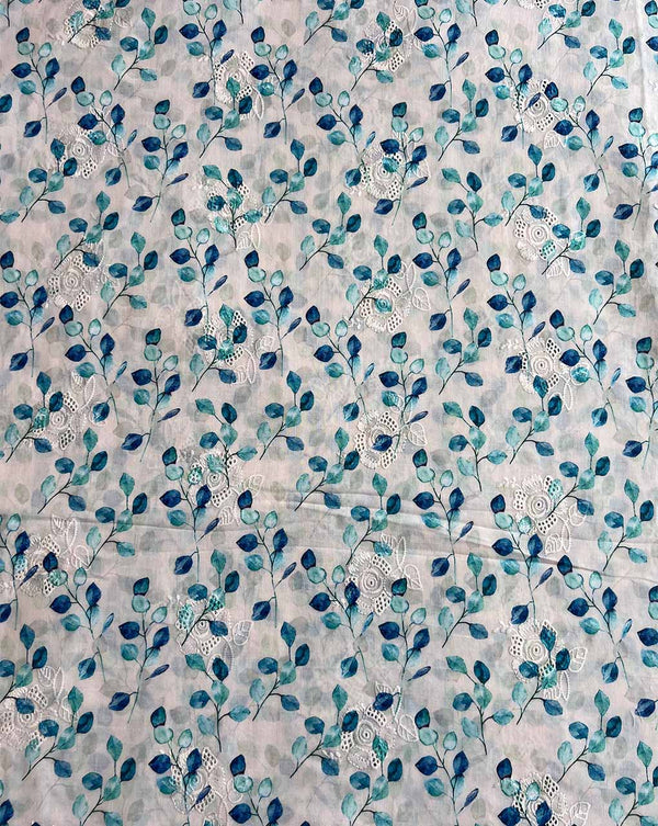 White Cotton Embroidered Fabric with Blue Leaf Print