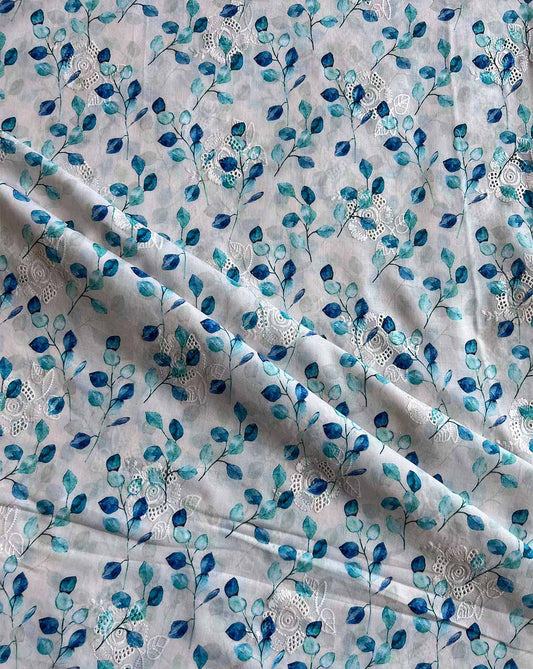 White Cotton Embroidered Fabric with Blue Leaf Print