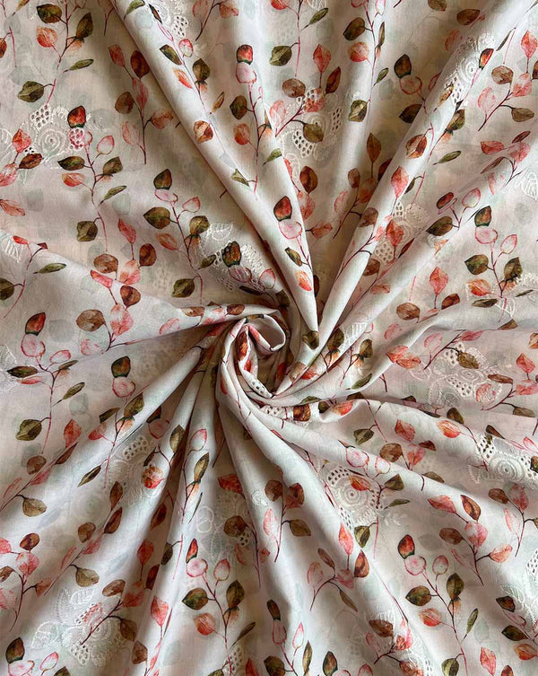 White Cotton Embroidered Fabric with Rama Leaf Print