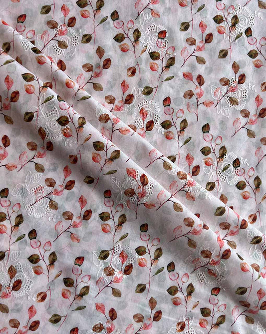 White Cotton Embroidered Fabric with Peach Leaf Print