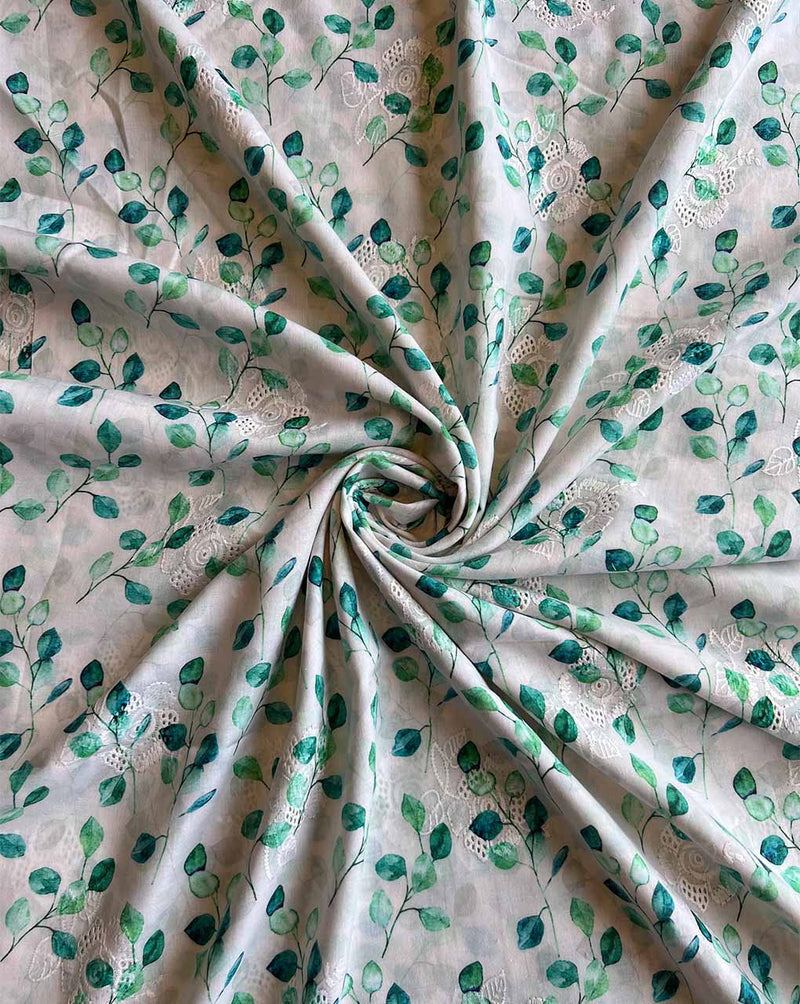 White Cotton Embroidered Fabric with Rama Leaf Print