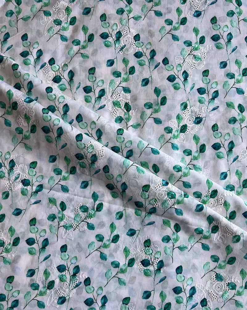 White Cotton Embroidered Fabric with Rama Leaf Print