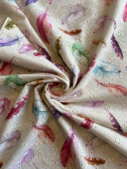 Off White Embroidery with Leaf Digital Print Cotton Fabric
