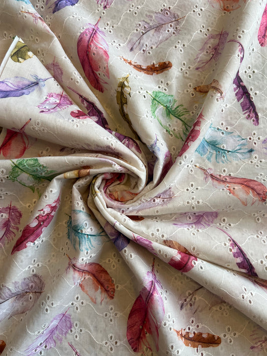 Off White Embroidery with Leaf Digital Print Cotton Fabric