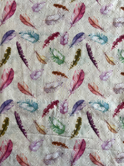 Off White Embroidery with Leaf Digital Print Cotton Fabric