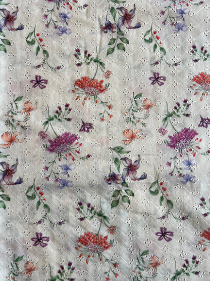 Off White Embroidery with Floral Digital Print Cotton Fabric