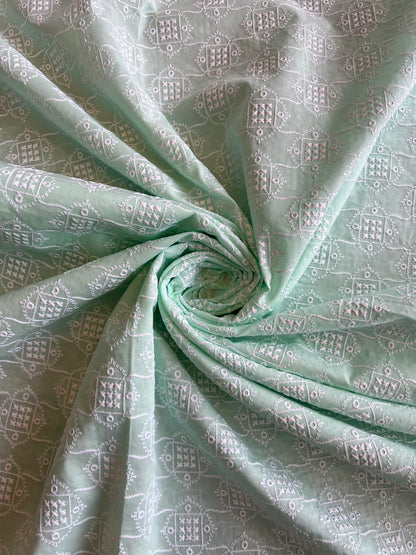 Mint Green All Over Geometrical Embroidered Fabric